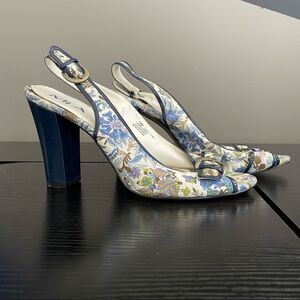 Mia Lucie Blue Floral Fabric Sandal Heel, 10
